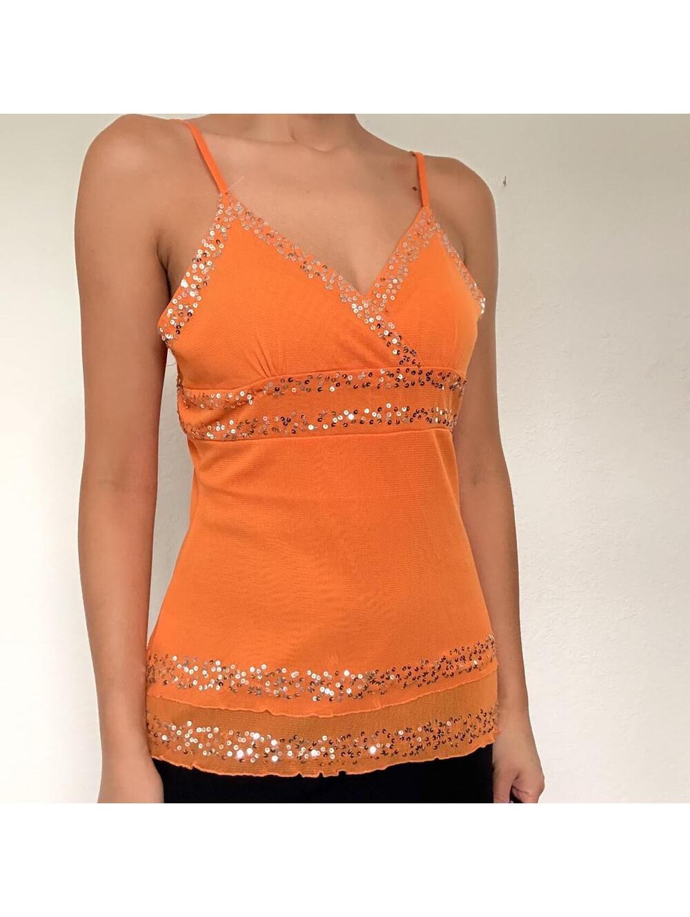 Y2K orange sequin trim cami top